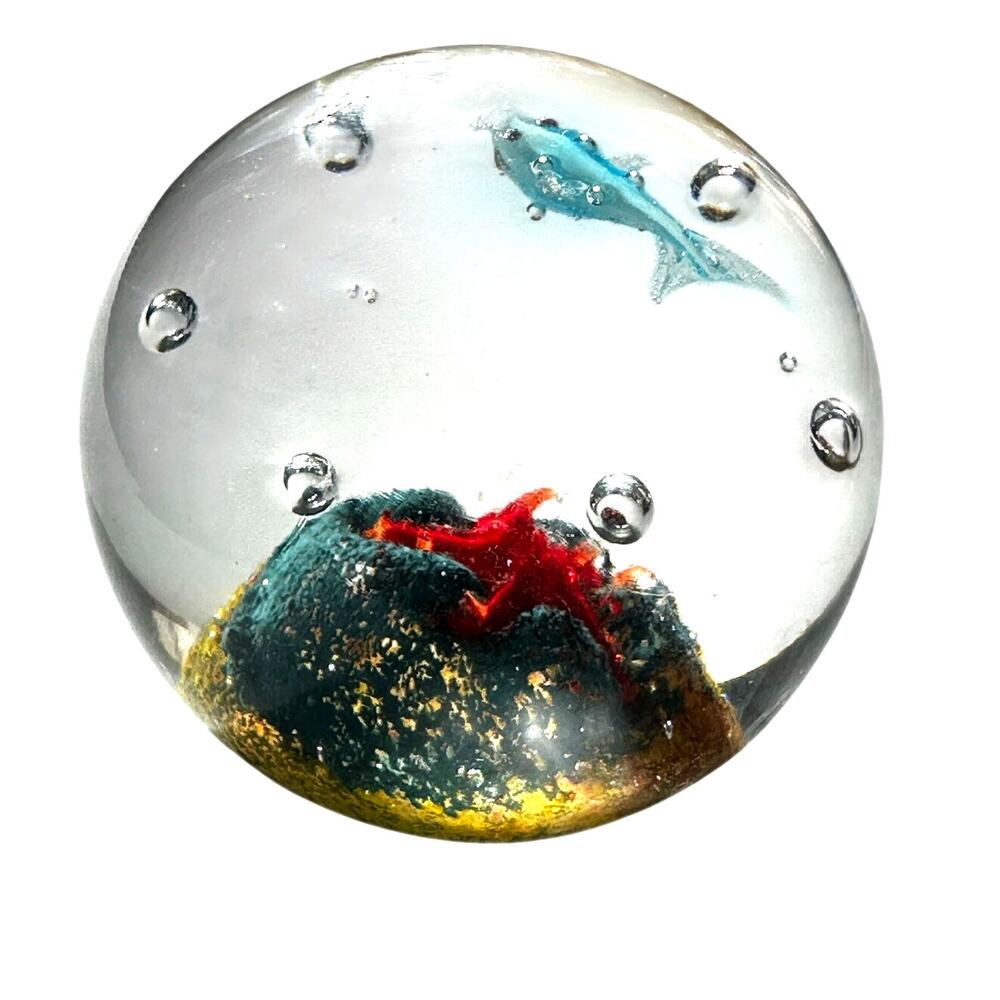 Murano Style Art Glass Paperweight Starfish Beach Fish Clear Glass Bubble Design